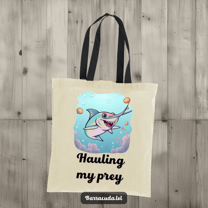 Funny barracuda tote bag with an energetic barracuda playing a game of underwater tag, ideal for everyday use.