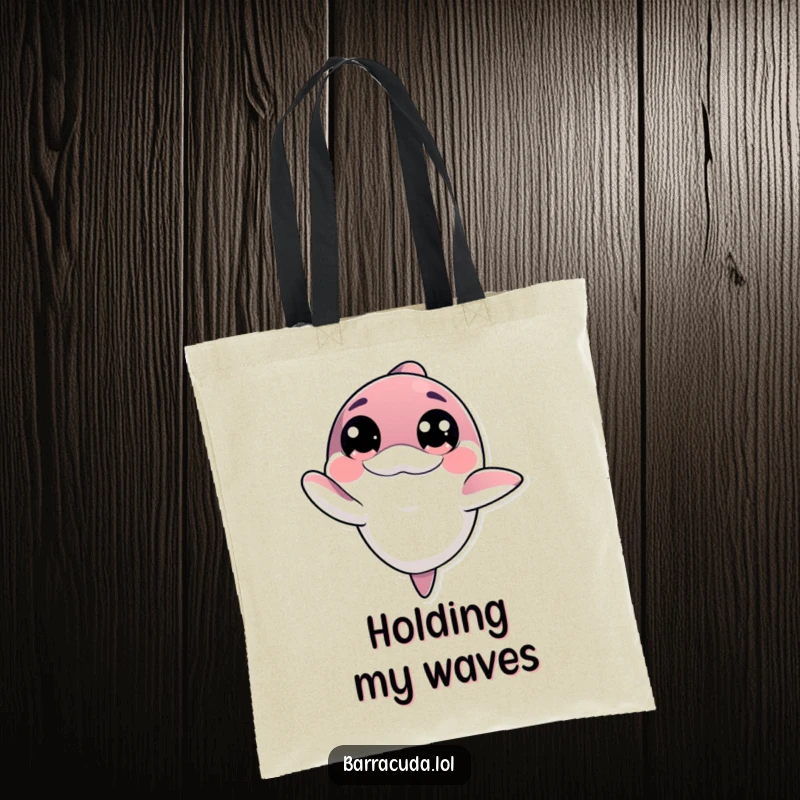 Funny kawaii barracuda with big innocent eyes offering a friendly wave on a tote bag, for carrying essentials with kindness.