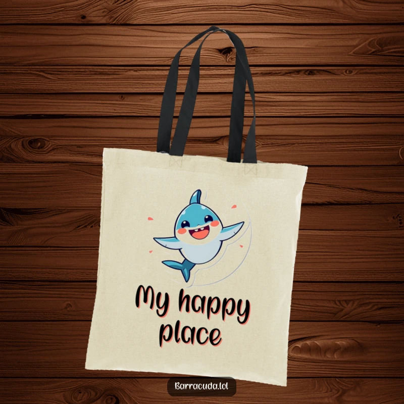 Funny, very happy kawaii barracuda spinning in a circle on a tote bag, for carrying joy and essentials.
