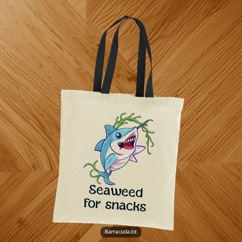 Funny barracuda tote bag, depicting a barracuda gracefully twirling seaweed, perfect for shopping and beach trips.